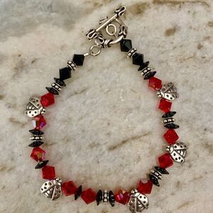 Ladybug Red Black Crystals Handmade Bracelet #garden #good luck #handmade
